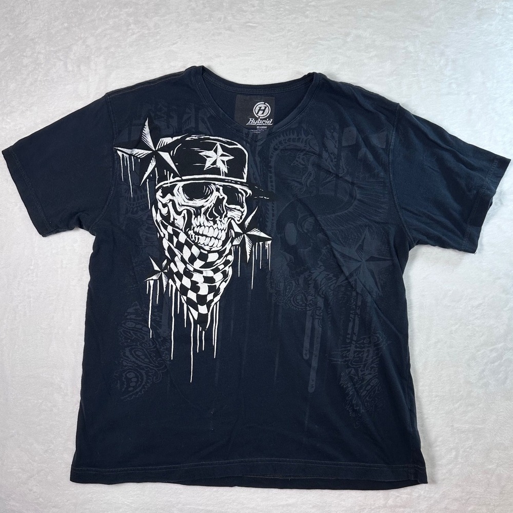 Hybrid Tees Mens 2XL Black Skull Star Graphic V-Neck Cotton T-Shirt Streetwear